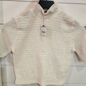 Express Cream Textured Mockneck Stretch Smocked Crop Top